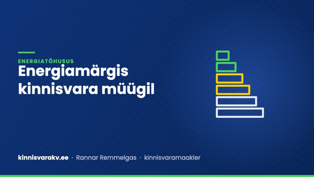 Sinine kaanepilt energiamärgise tulpade sümboliga ja tekstiga „Energiamärgis kinnisvara müügil“