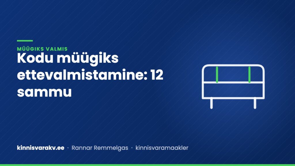 Sinine kaanepilt diivani sümboliga ja tekstiga „Kodu müügiks ettevalmistamine: 12 sammu“
