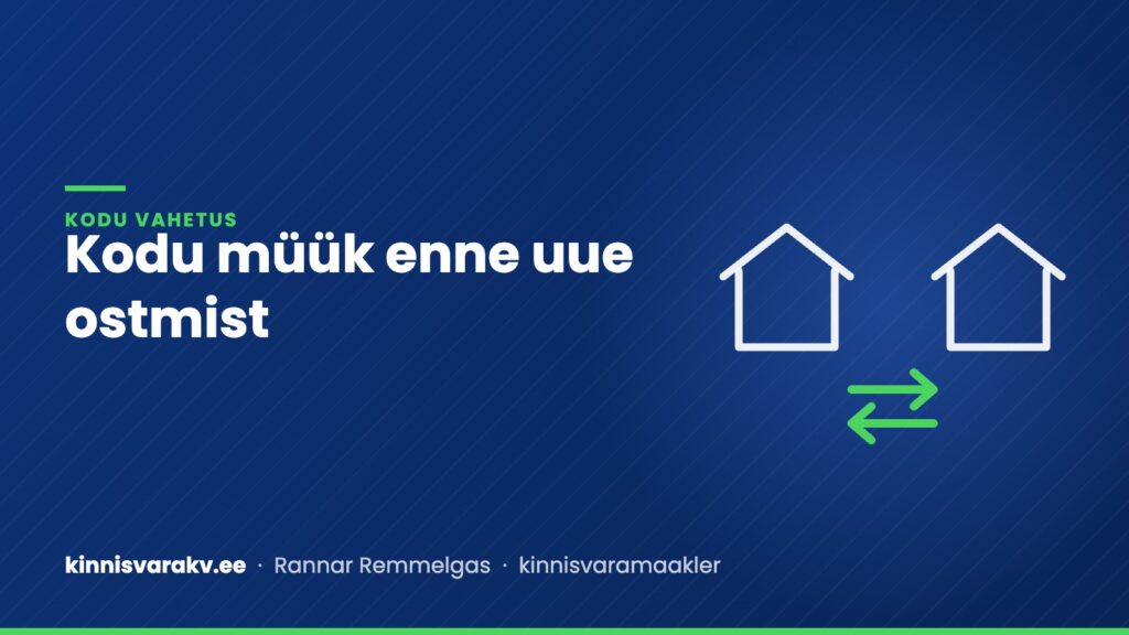Sinine kaanepilt kahe maja ja vahetusnoolte sümboliga ning tekstiga „Kodu müük enne uue ostmist“