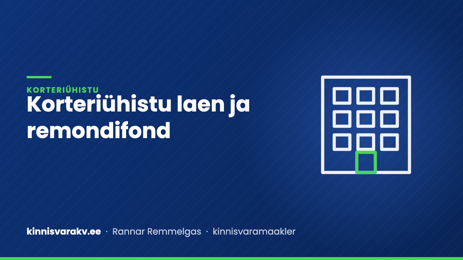 Sinine kaanepilt kortermaja sümboliga ja tekstiga „Korteriühistu laen ja remondifond“