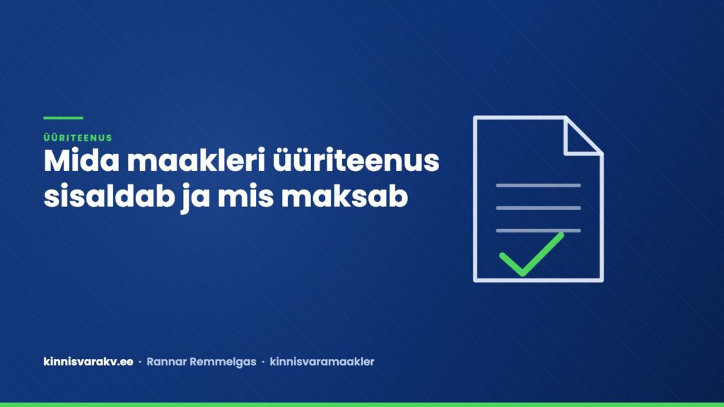 Sinine kaanepilt dokumendi sümboliga ja tekstiga „Mida maakleri üüriteenus sisaldab ja mis maksab“