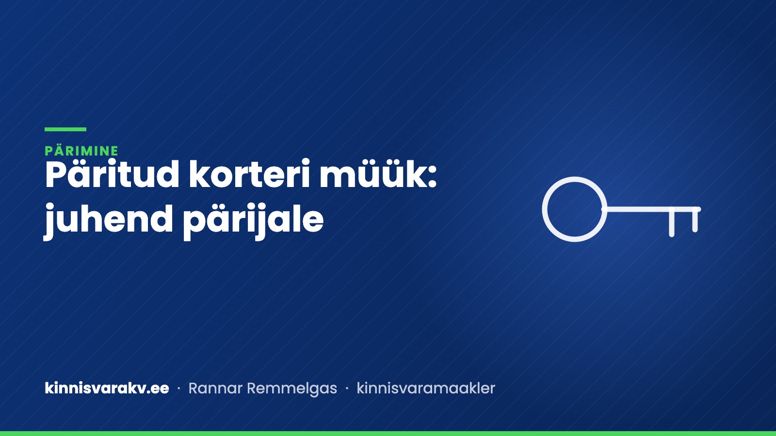 Sinine kaanepilt võtme sümboliga ja tekstiga „Päritud korteri müük: juhend pärijale“